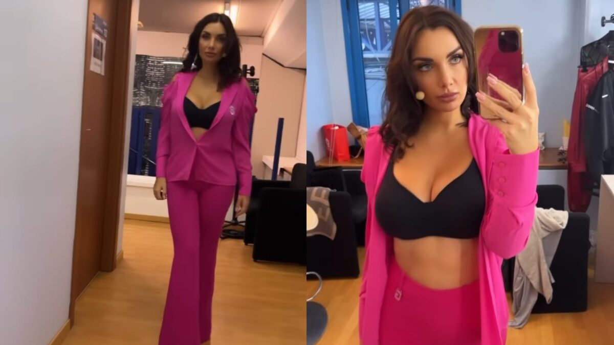 Elettra Lamborghini seduce con la tuta aderente in total pink