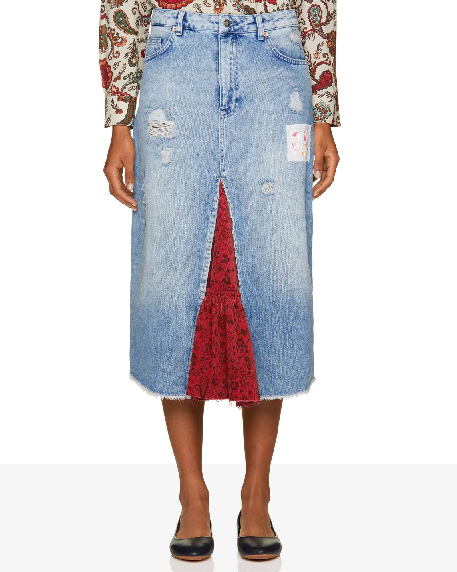 Gonna di jeans con inserto in velluto Benetton a 59,95 euro