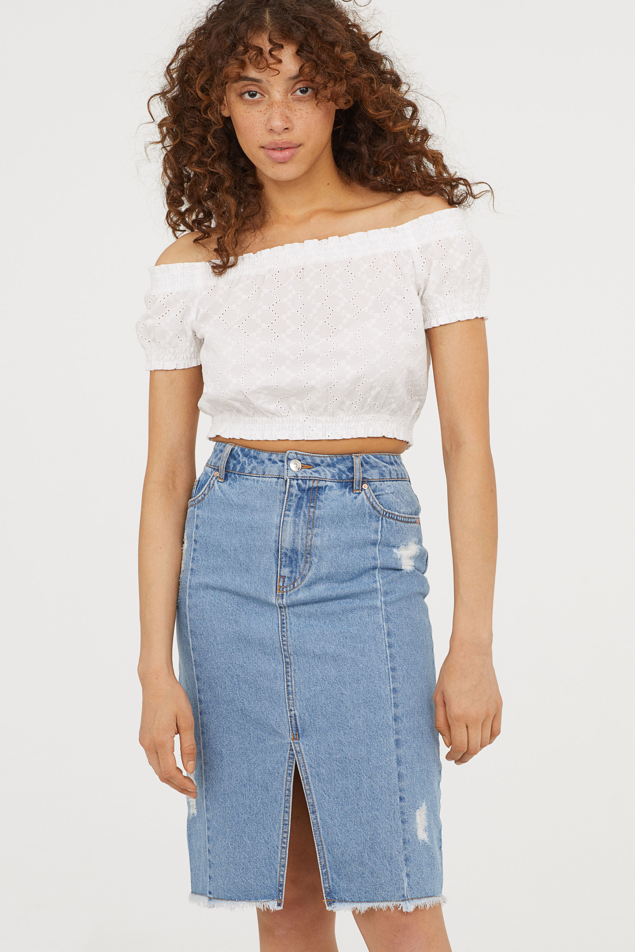 Gonna di jeans strappata a vita alta H&M