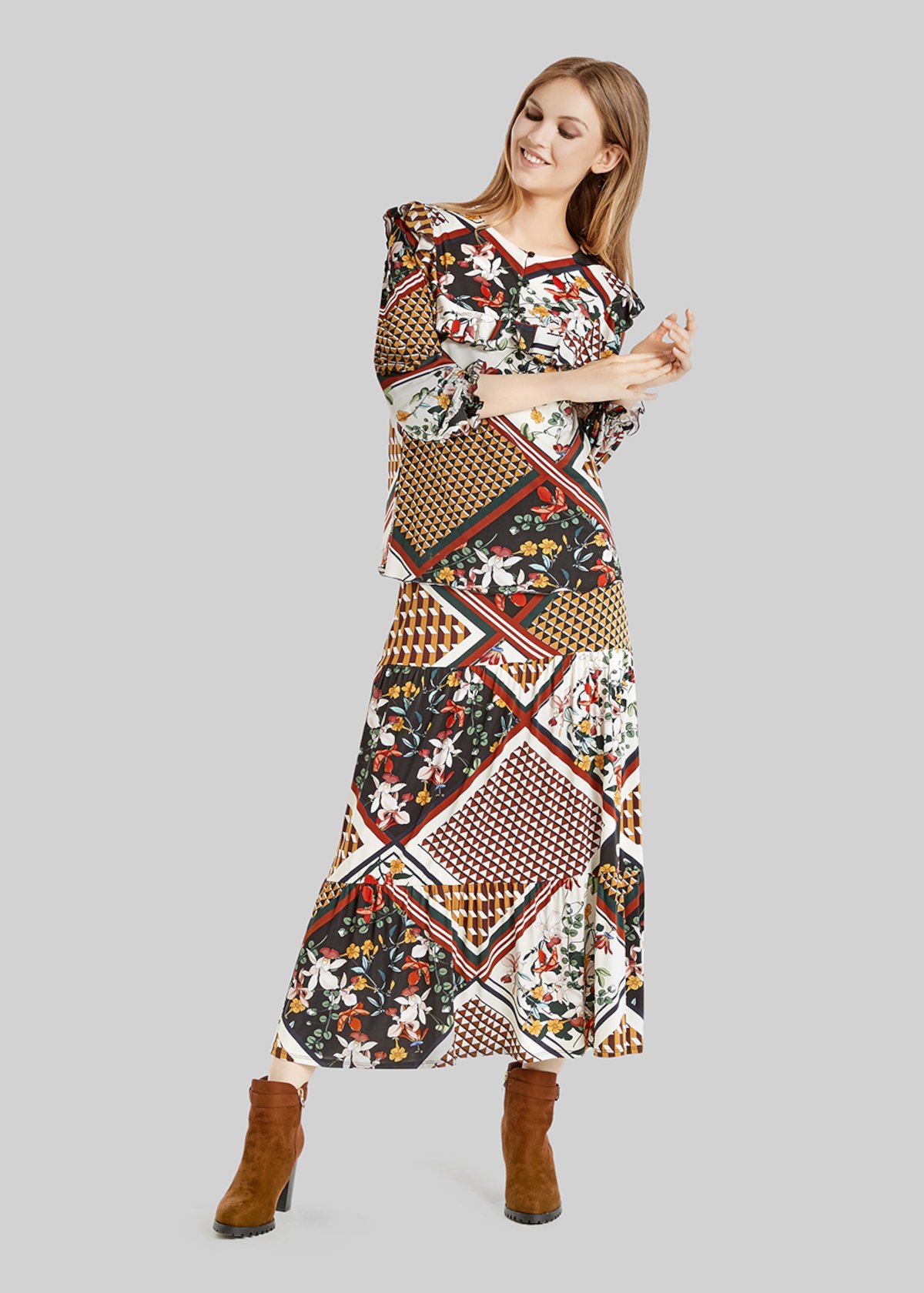 Gonna lunga Camomilla con stampa patchwork moda anni '70 inverno 2019