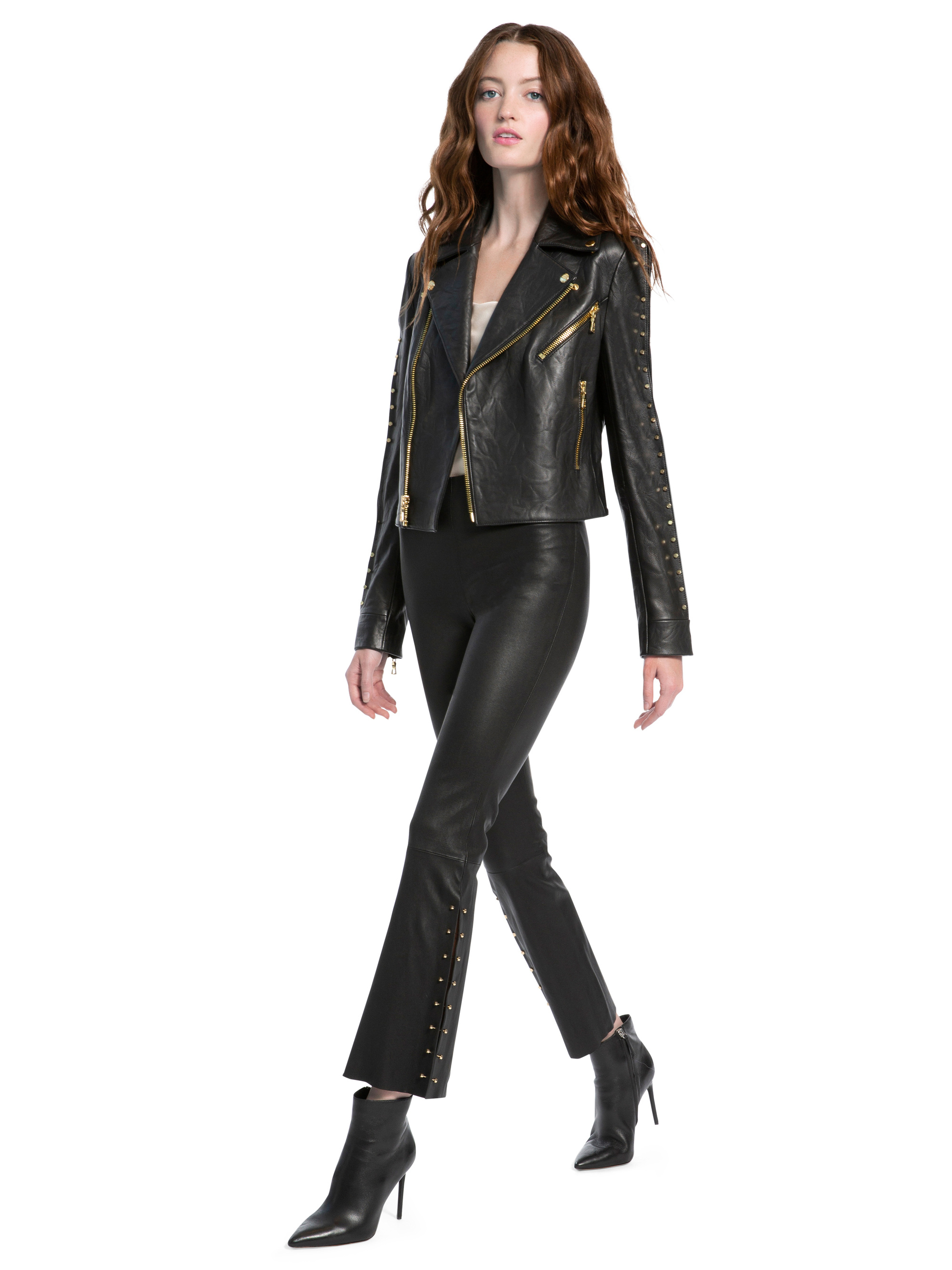Pantaloni di pelle vera a zampa Alice and Olivia tendenza inverno 2019